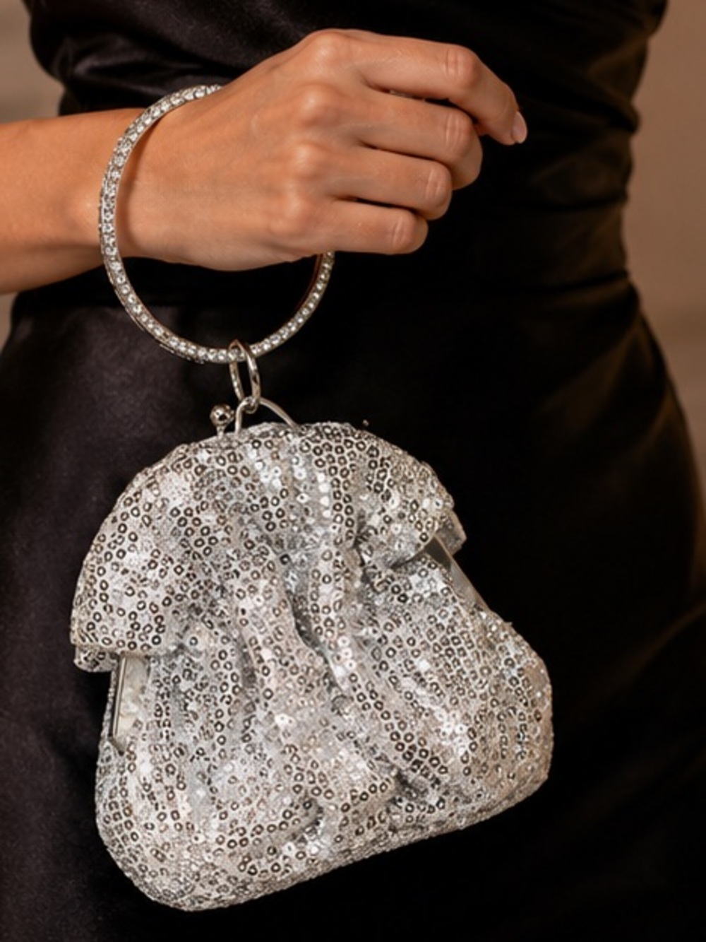 Silver Sequin Rhinestone Ring Evening Bag Clutch NWT Mini Size